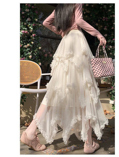 High Waist Plain Ruffle Asymmetrical Mesh Panel Maxi A-Line Skirt