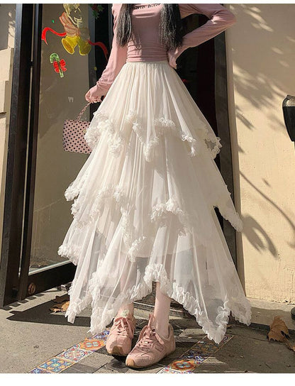 High Waist Plain Ruffle Asymmetrical Mesh Panel Maxi A-Line Skirt