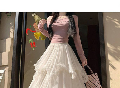 High Waist Plain Ruffle Asymmetrical Mesh Panel Maxi A-Line Skirt