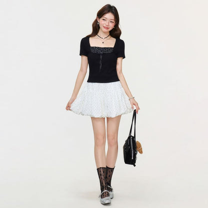 Square-Neck Dotted Panel Short-Sleeve Shirt
