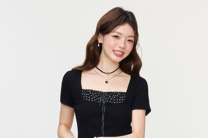 Square-Neck Dotted Panel Short-Sleeve Shirt