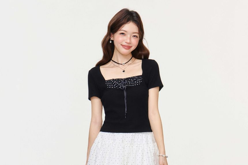 Square-Neck Dotted Panel Short-Sleeve Shirt