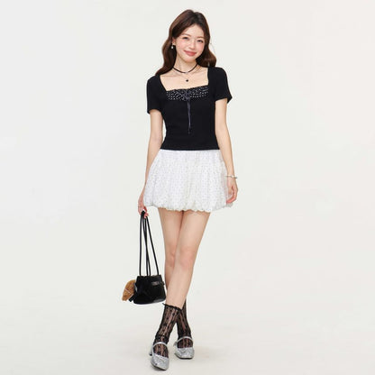 Square-Neck Dotted Panel Short-Sleeve Shirt
