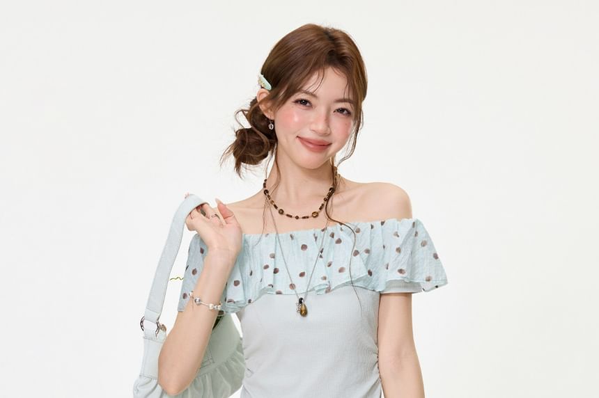 Ruffled Off-Shoulder Dotted Panel Short-Sleeve Tee