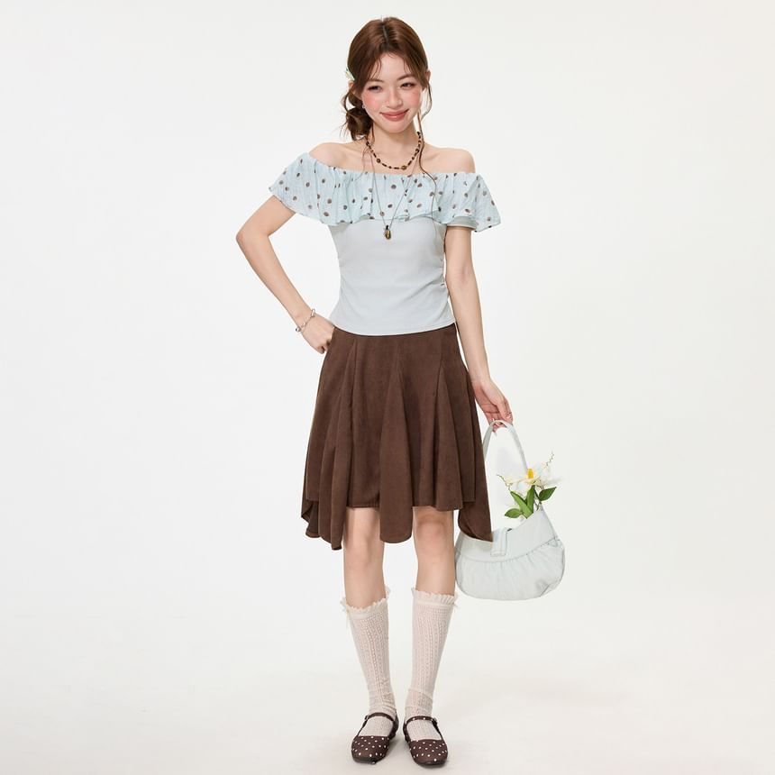 Ruffled Off-Shoulder Dotted Panel Short-Sleeve Tee