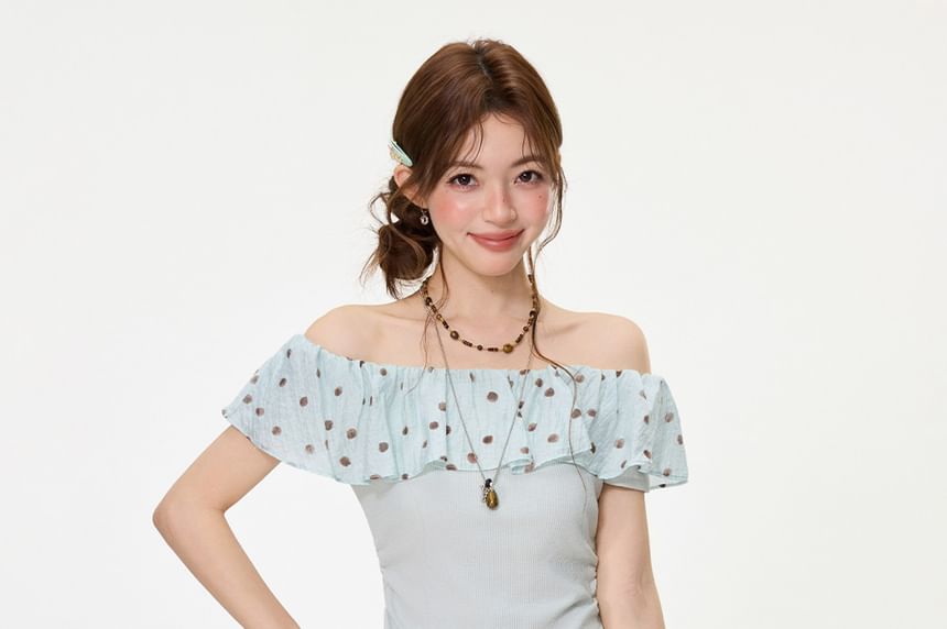 Ruffled Off-Shoulder Dotted Panel Short-Sleeve Tee