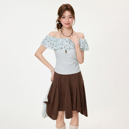 Ruffled Off-Shoulder Dotted Panel Short-Sleeve Tee