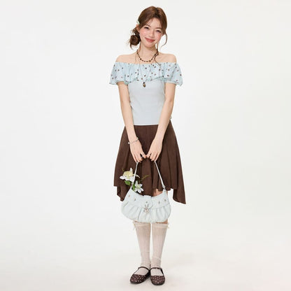Ruffled Off-Shoulder Dotted Panel Short-Sleeve Tee