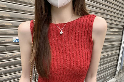 Asymmetrical Ribbed Knit Crew-Neck Tank