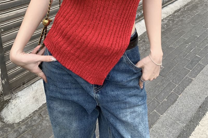 Asymmetrical Ribbed Knit Crew-Neck Tank
