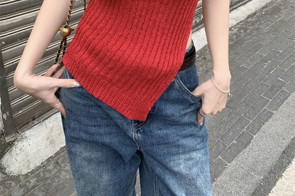 Asymmetrical Ribbed Knit Crew-Neck Tank
