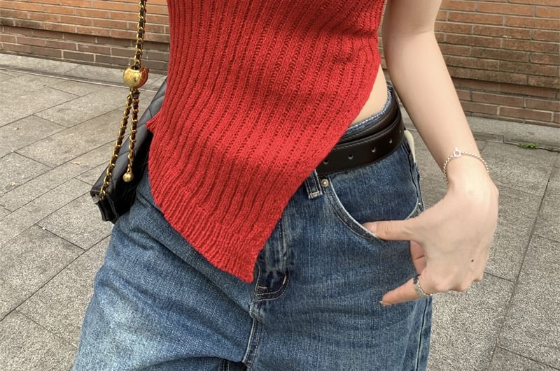 Asymmetrical Ribbed Knit Crew-Neck Tank