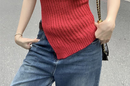 Asymmetrical Ribbed Knit Crew-Neck Tank