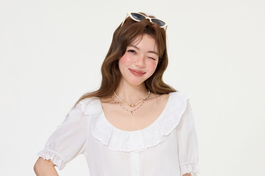 Puff-Sleeve Scoop-Neck Lace-Trimmed Blouse
