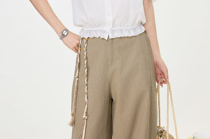 Puff-Sleeve Scoop-Neck Lace-Trimmed Blouse