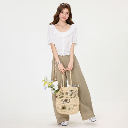 Puff-Sleeve Scoop-Neck Lace-Trimmed Blouse