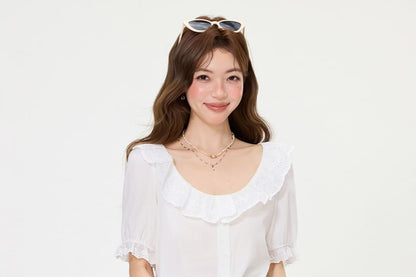 Puff-Sleeve Scoop-Neck Lace-Trimmed Blouse