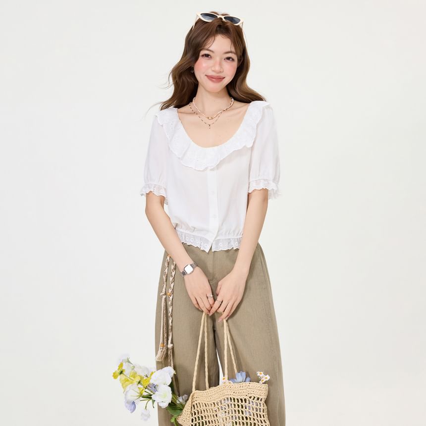 Puff-Sleeve Scoop-Neck Lace-Trimmed Blouse