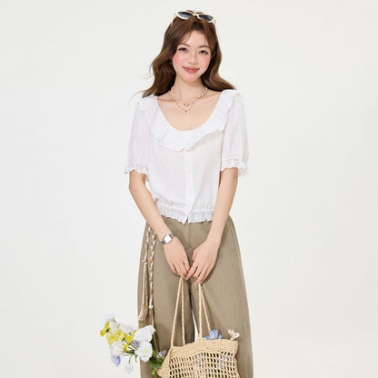 Puff-Sleeve Scoop-Neck Lace-Trimmed Blouse