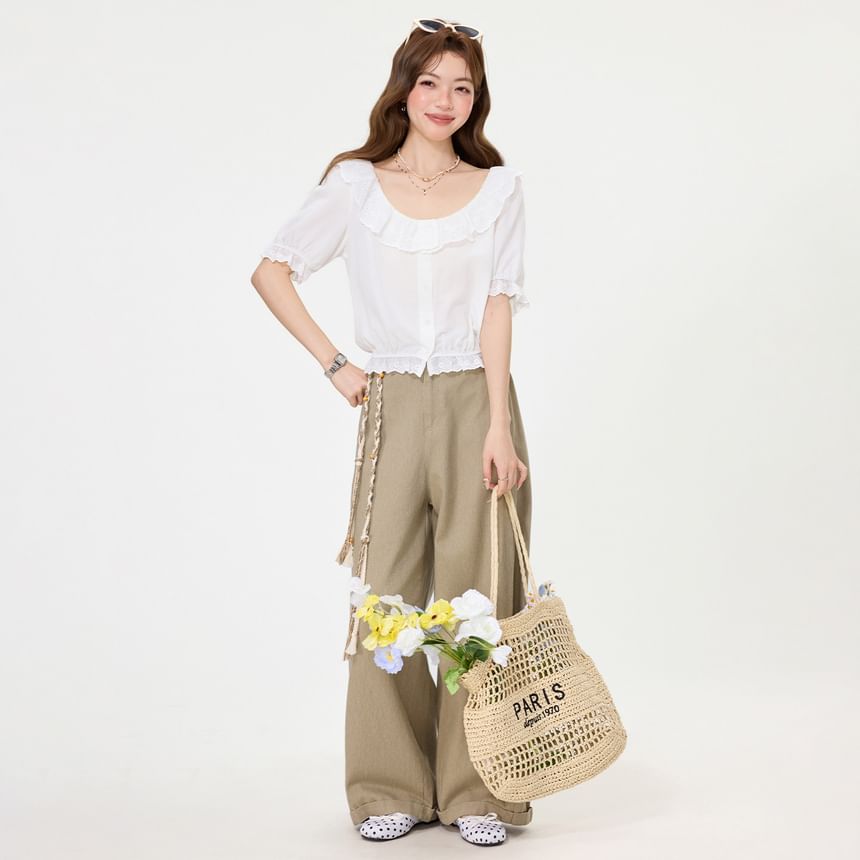 Puff-Sleeve Scoop-Neck Lace-Trimmed Blouse