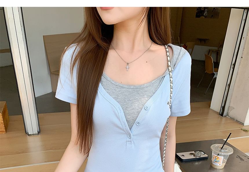 Two-Tone Henley Short-Sleeve Mock Layered Tee