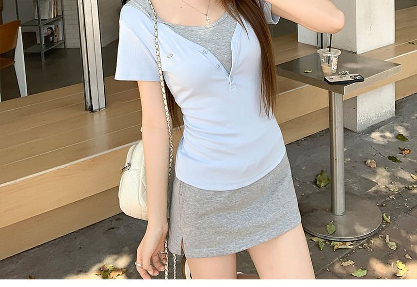 Two-Tone Henley Short-Sleeve Mock Layered Tee