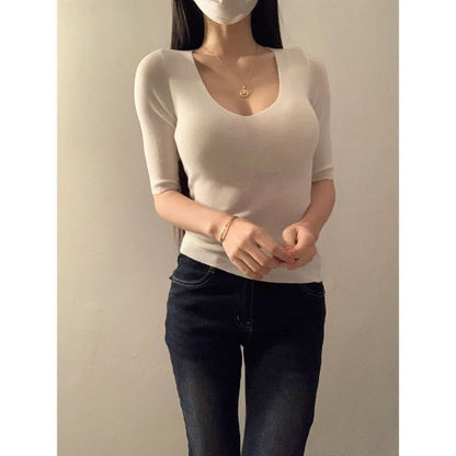 Elbow-Length Sleeve Scoop-Neck Ribbed Knit Tee