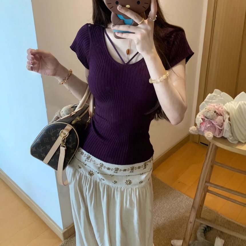Scoop-Neck Ribbed Cotton Tee with Short Sleeves