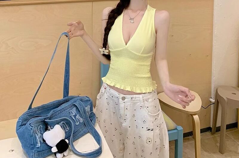 Lace-Trimmed Ruffle V-Neck Tank