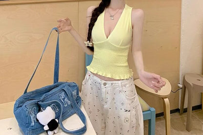 Lace-Trimmed Ruffle V-Neck Tank