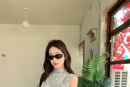 Mock-Neck Ruched Tank with High-Waist Plaid A-Line Maxi Skirt