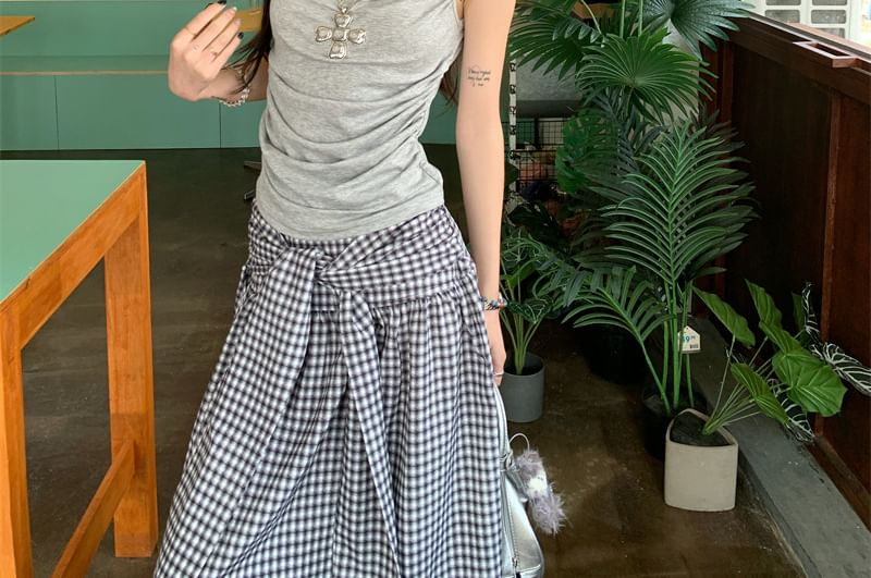 Mock-Neck Ruched Tank with High-Waist Plaid A-Line Maxi Skirt