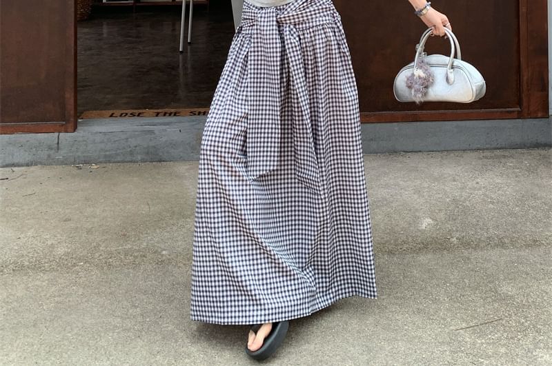 Mock-Neck Ruched Tank with High-Waist Plaid A-Line Maxi Skirt