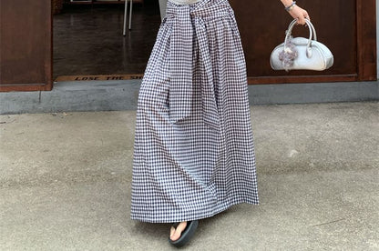 Mock-Neck Ruched Tank with High-Waist Plaid A-Line Maxi Skirt