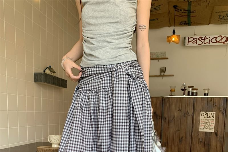 Mock-Neck Ruched Tank with High-Waist Plaid A-Line Maxi Skirt