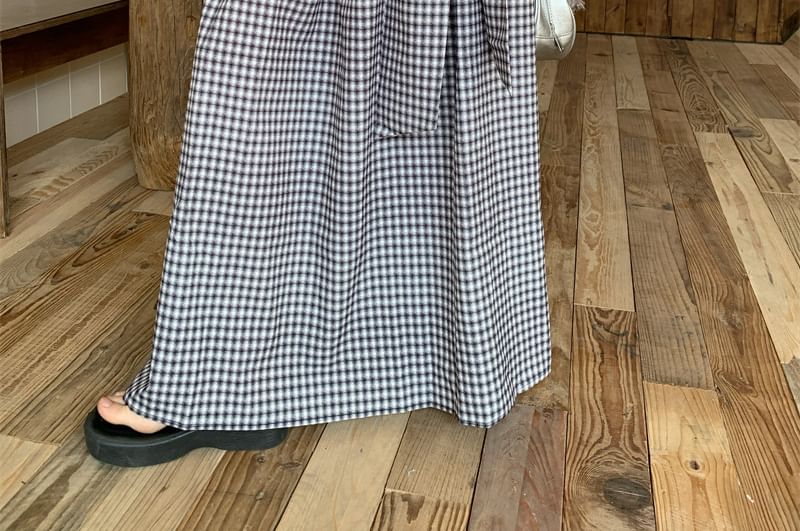 Mock-Neck Ruched Tank with High-Waist Plaid A-Line Maxi Skirt