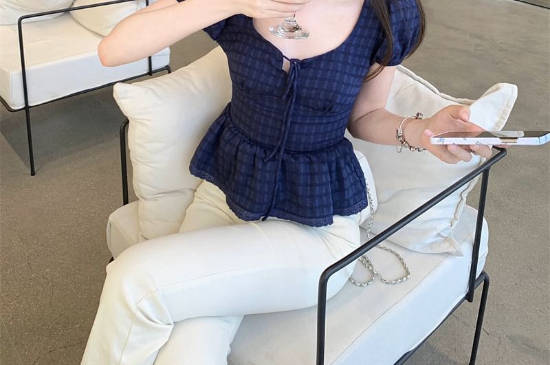 Puff-Sleeve Scoop Neck Plaid Lace Trim Peplum Blouse