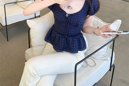 Puff-Sleeve Scoop Neck Plaid Lace Trim Peplum Blouse