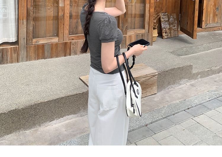 Short-Sleeve Scoop Neck Striped Tie-Waist T-Shirt