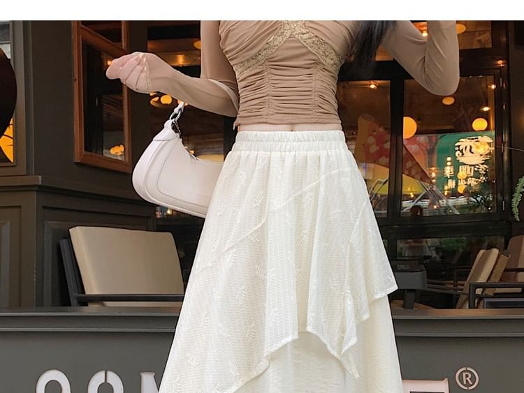 Elastic Waist Plain Asymmetrical Ruffle Maxi A-Line Skirt