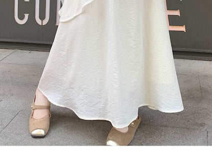 Elastic Waist Plain Asymmetrical Ruffle Maxi A-Line Skirt