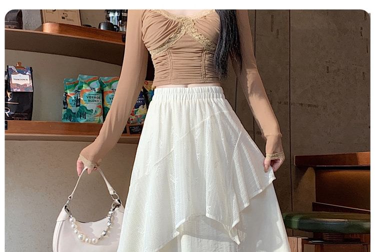 Elastic Waist Plain Asymmetrical Ruffle Maxi A-Line Skirt