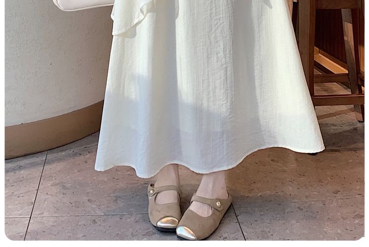 Elastic Waist Plain Asymmetrical Ruffle Maxi A-Line Skirt