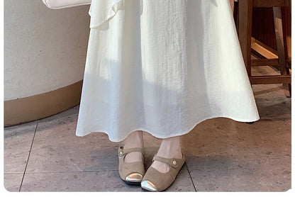 Elastic Waist Plain Asymmetrical Ruffle Maxi A-Line Skirt