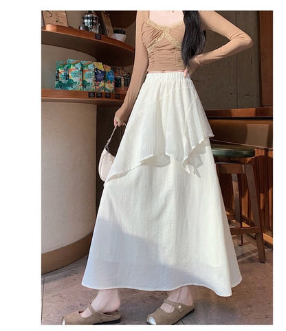 Elastic Waist Plain Asymmetrical Ruffle Maxi A-Line Skirt