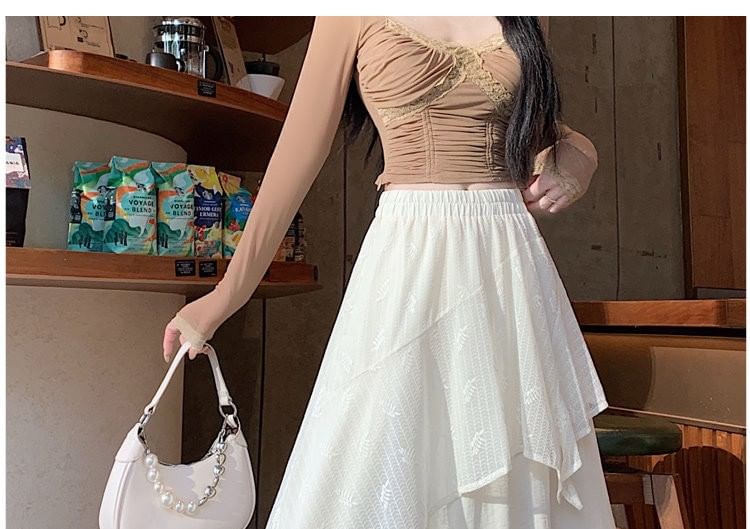 Elastic Waist Plain Asymmetrical Ruffle Maxi A-Line Skirt