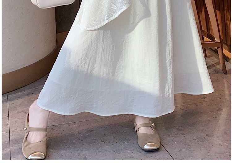 Elastic Waist Plain Asymmetrical Ruffle Maxi A-Line Skirt