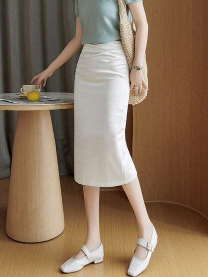 Mid Rise Plain Satin Midi Pencil Skirt
