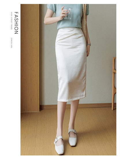 Mid Rise Plain Satin Midi Pencil Skirt