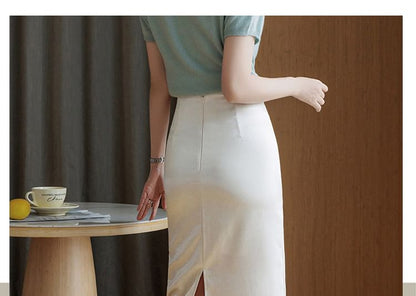 Mid Rise Plain Satin Midi Pencil Skirt